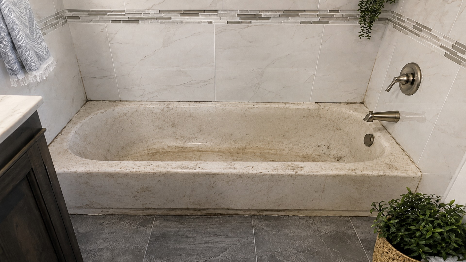 Before bathtub refinishing Tampa — worn tub prior to Bath Professional reglazing