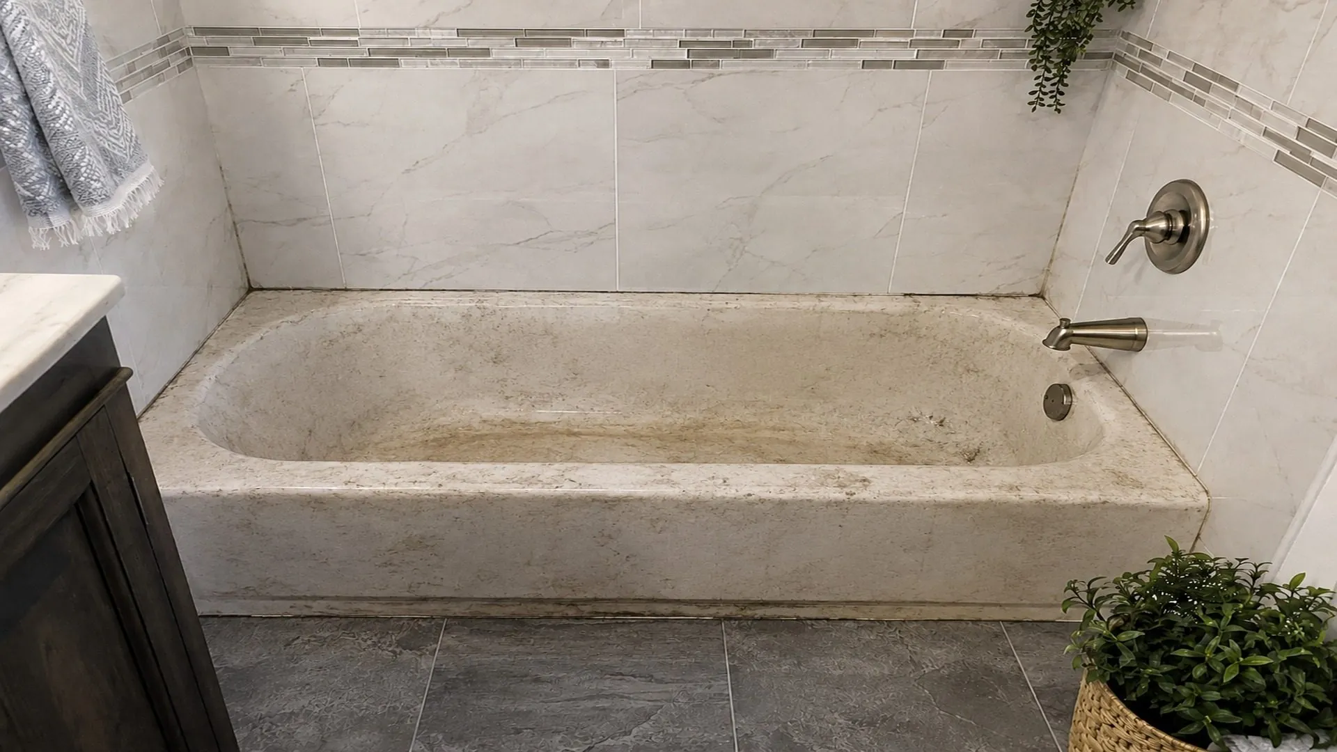Before bathtub refinishing Tampa — worn tub prior to Bath Professional reglazing